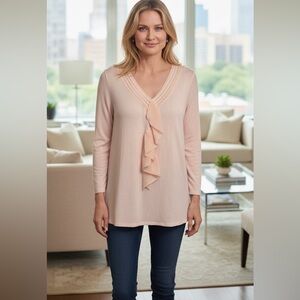 Cable & Gauge Ballet Pink V-Neck Sweater with Ruffle Detail